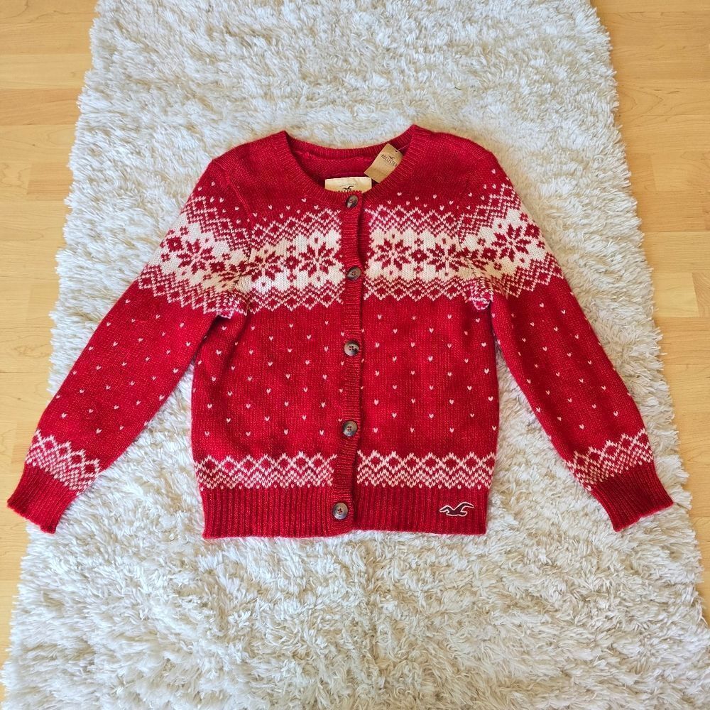 Hollister Womens Sweater Large Red Long Sleeve Snowflake Wool Blend Cardigan